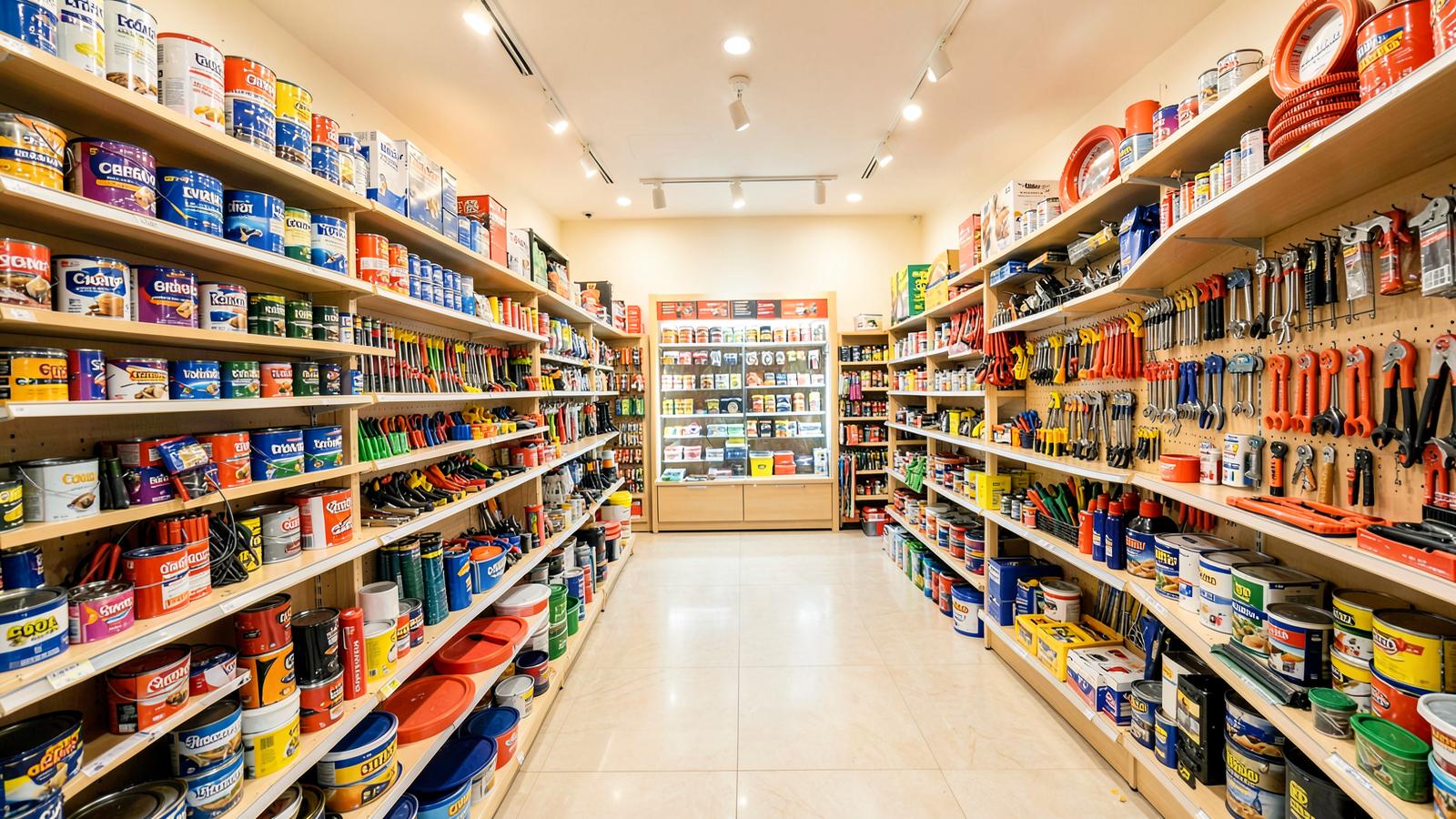 Intérieur du magasin Bricoamgon avec ses rayons de peinture et d'outillage